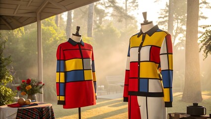 Geometric Mondrian Inspired Clothing on Mannequins in a Sunny Outdoor Setting