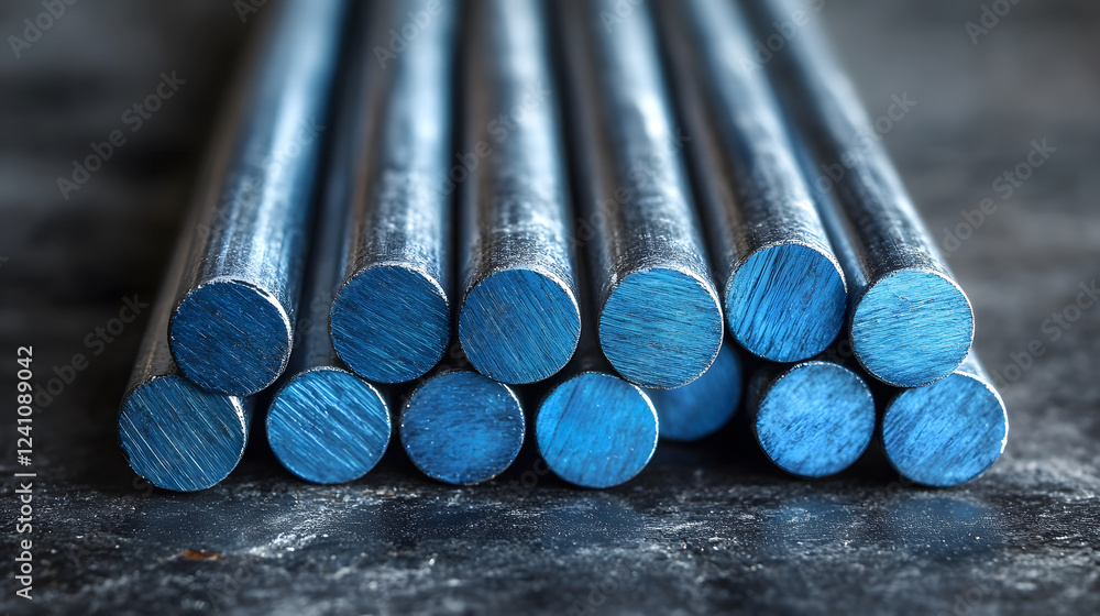 Poster A close-up of several metallic rods arranged neatly, showcasing their smooth, shiny surface and circular ends, with a focus on texture and color