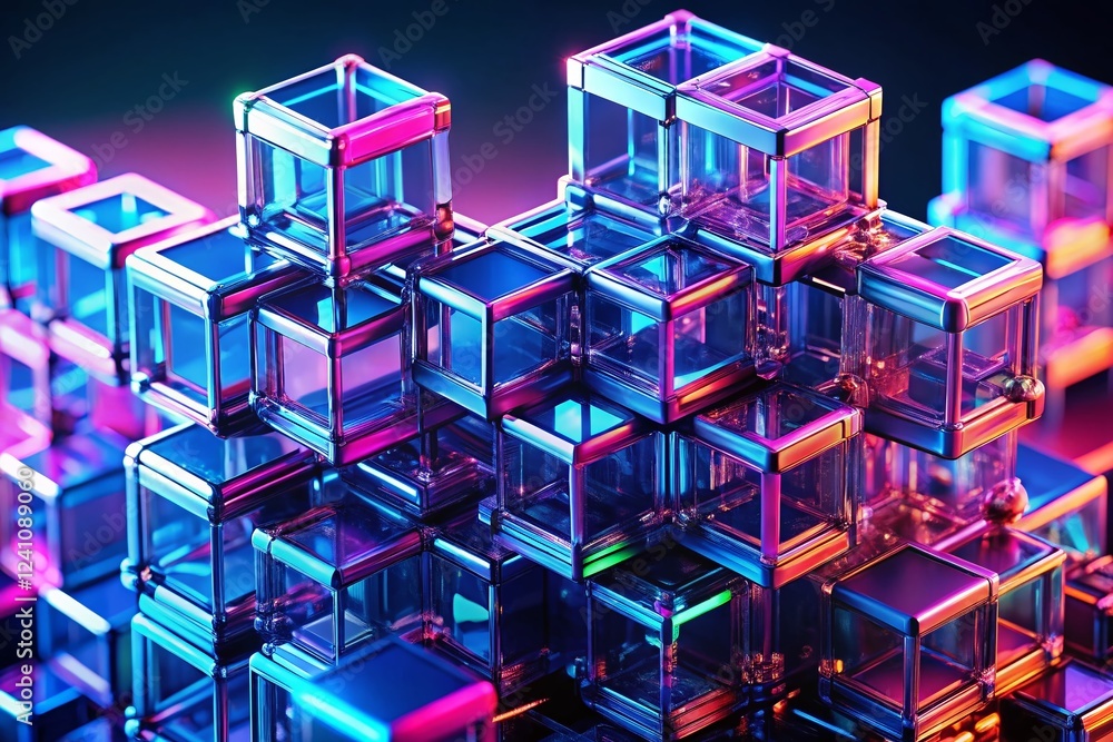 Poster futuristic neon blockchain blocks: digital data & virtual technology concept