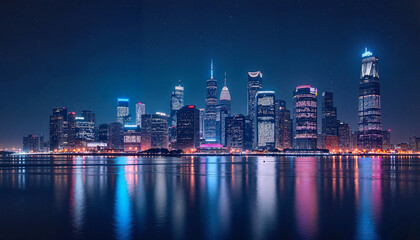 Naklejka premium Stunning city skyline at night with illuminated skyscrapers reflecting on the water