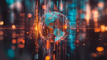 3D render of glowing digital globe with data streams representing global connectivity and information exchange