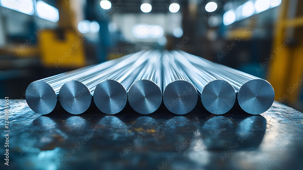 Poster a close-up view of several metallic rods arranged neatly, showcasing their smooth surfaces and cylin