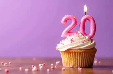 Cupcake with sprinkles and candle with number 20 on purple background