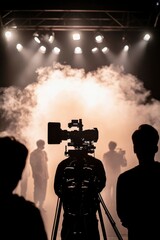 Fototapeta premium Film Crew Filming Performance On Stage With Smoke
