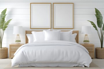 Coastal Chic Bedroom Mockup: A pristine white bedroom interior showcasing two framed poster mockups set against a backdrop of shiplap walls. Natural elements like woven baskets, rattan nightstands.