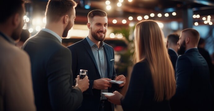 Executives exchanging business cards at a networking event in a high-rise office, city skyline in the background, bathed in golden hour lighting.