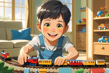 child playing with toy train