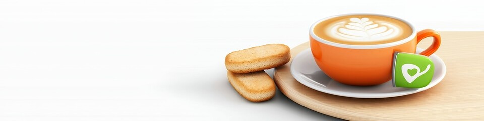 Orange Coffee Cup with Latte Art and Biscuits on White Background