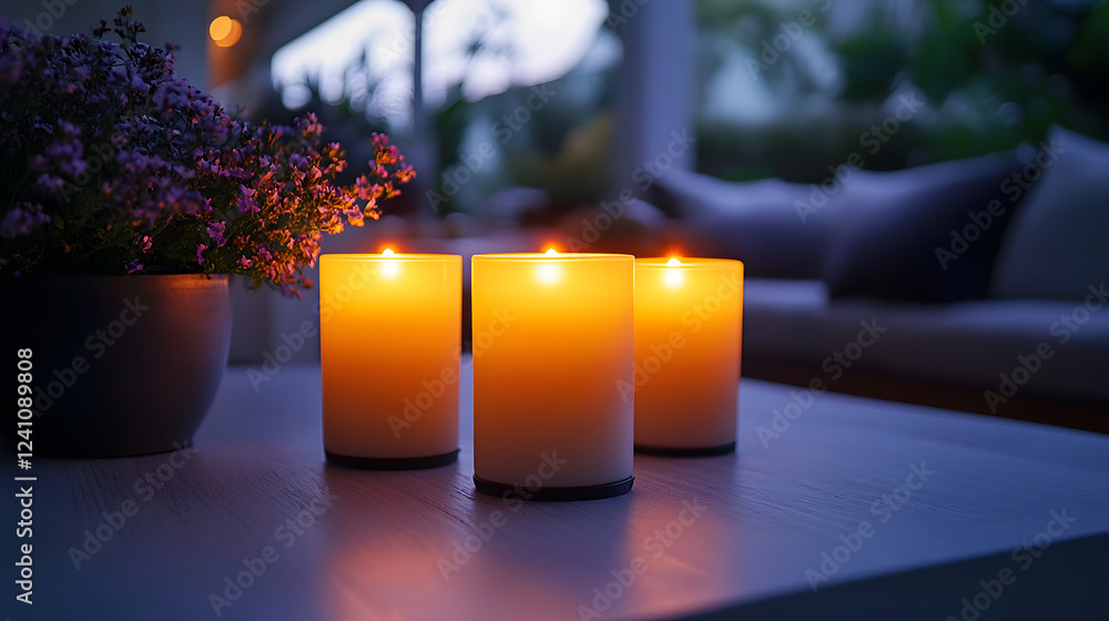 Poster three glowing candles sit on a table next to a potted plant, creating a warm and inviting atmosphere