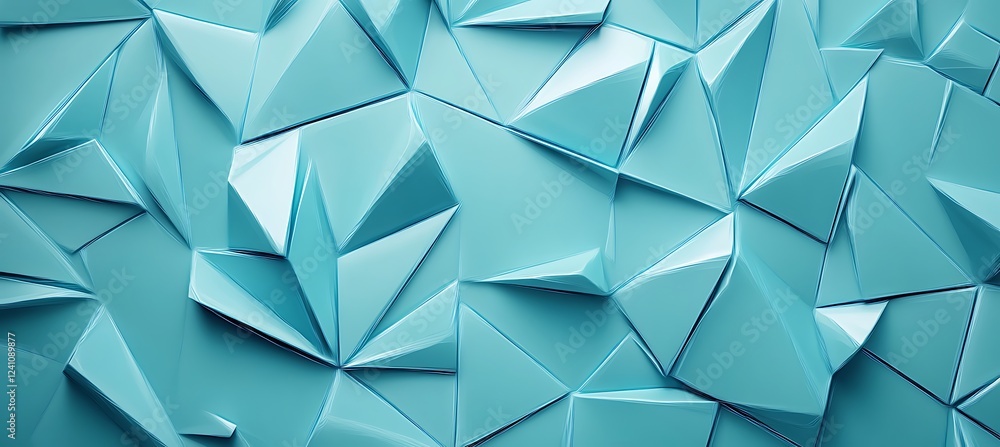 Poster a minimalist cyan background with an abstract arrangement of triangular shapes, producing a dynamic 