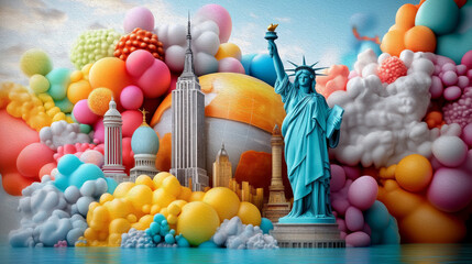 Liberty in a Candyland: A whimsical 3D rendering depicts the Statue of Liberty amidst a vibrant, surreal landscape of colorful balloons and iconic New York City landmarks. The scene is playful.