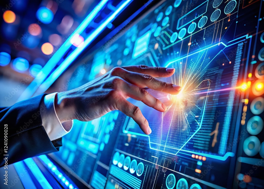 Poster futuristic tech interface: hands interacting with glowing blue digital display