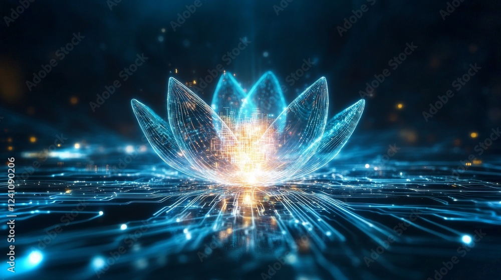 Poster visualizing digital transformation through glowing lotus flower with abstract technology