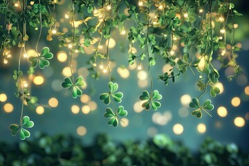 Glowing shamrocks hanging amidst festive lights.