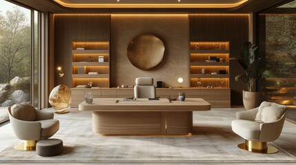 An office in pale ochre tones with sleek wooden furniture, neutral chairs, brass accents, warm lighting, and clean minimalist design for a professional setup 