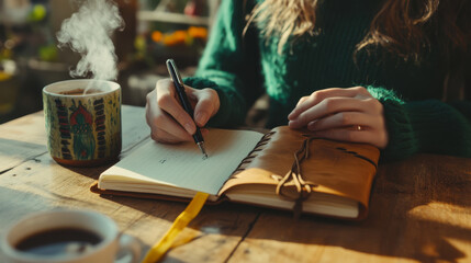 person writing in notebook with cup of coffee on wooden table, creating cozy atmosphere. warm light enhances scene inviting feel