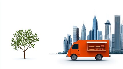 Orange Food Truck and Cityscape Minimalist Digital Illustration