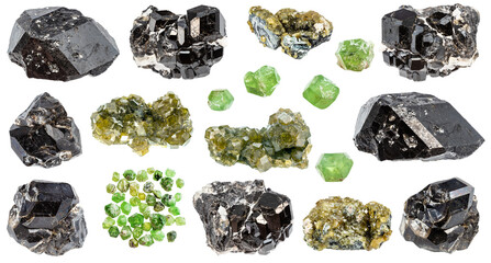 various samples of raw andradite minerals isolated