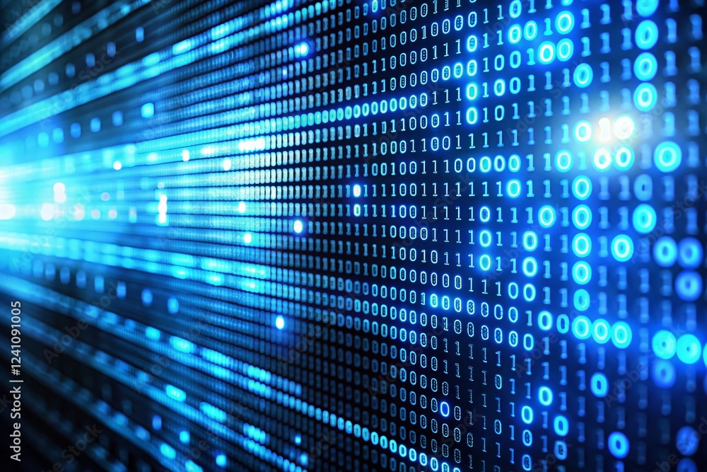 Poster glowing blue binary code data protection: secure online technology background