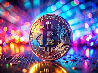 Glowing Bitcoin Cryptocurrency Symbol Close-Up, Tilt-Shift Digital Finance Technology