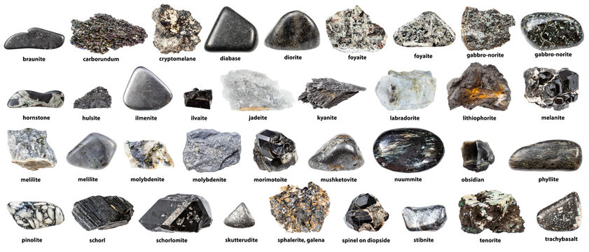 black and gray natural minerals with name isolated