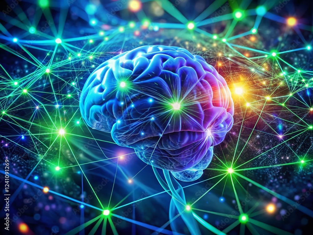 Aufkleber glowing digital brain neural network data flow low light stock photo