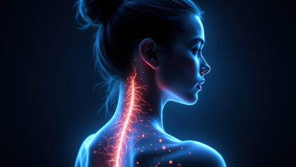 Naklejka premium The image features a woman with a detailed medical illustration of the Vagus Nerve Stimulation process on her neck.