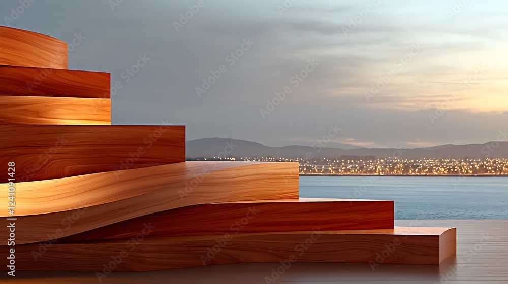 Canvas Prints Elegant wooden steps leading to a serene waterfront at sunset with distant city lights