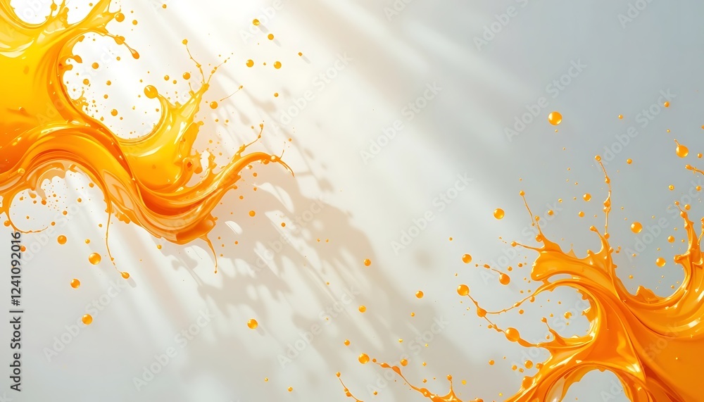 Poster orange liquid splashing dynamically across white background