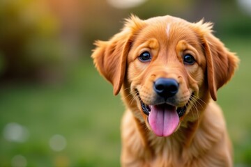 Obraz premium Cute red puppy looks straight at camera with tongue out, red, dog, puppy