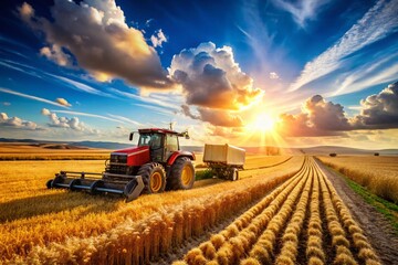 Fototapeta premium Golden Harvest: Tractor Harvesting Crops in a Vast Field Under a Blue Sky