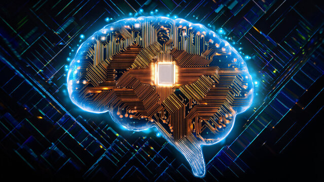 A futuristic digital brain made of interconnected glowing circuits        