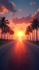 A scenic road lined with palm trees leads toward a vibrant sunset over the ocean, casting warm hues across the sky and reflecting on the smooth asphalt