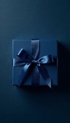 Dark blue gift box with satin ribbon on dark background top view, decorative gift box, elegant packaging, wrapped gift