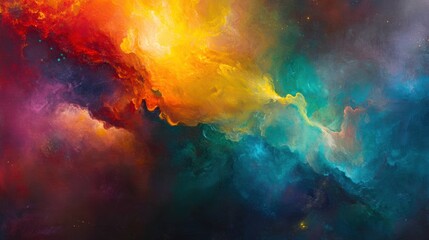 A vibrant nebula painting with swirling colors of orange, yellow, red, blue, and purple.