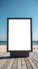A blank billboard stands on a sandy beach with calm waves in the background under a clear blue sky, inviting creativity and advertising opportunities