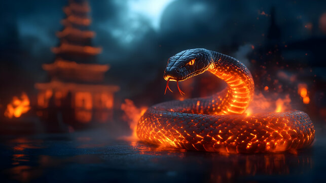 A mythical serpent made of glowing lava, coiling majestically amidst a mystical landscape with ancient architecture.