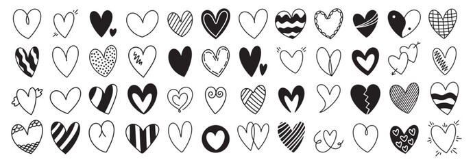 Obraz premium Cute hand drawn heart shaped doodle icon set for Valentines Day. Many different hearts with ornaments stripes dots love collection isolated on white background. Black and white