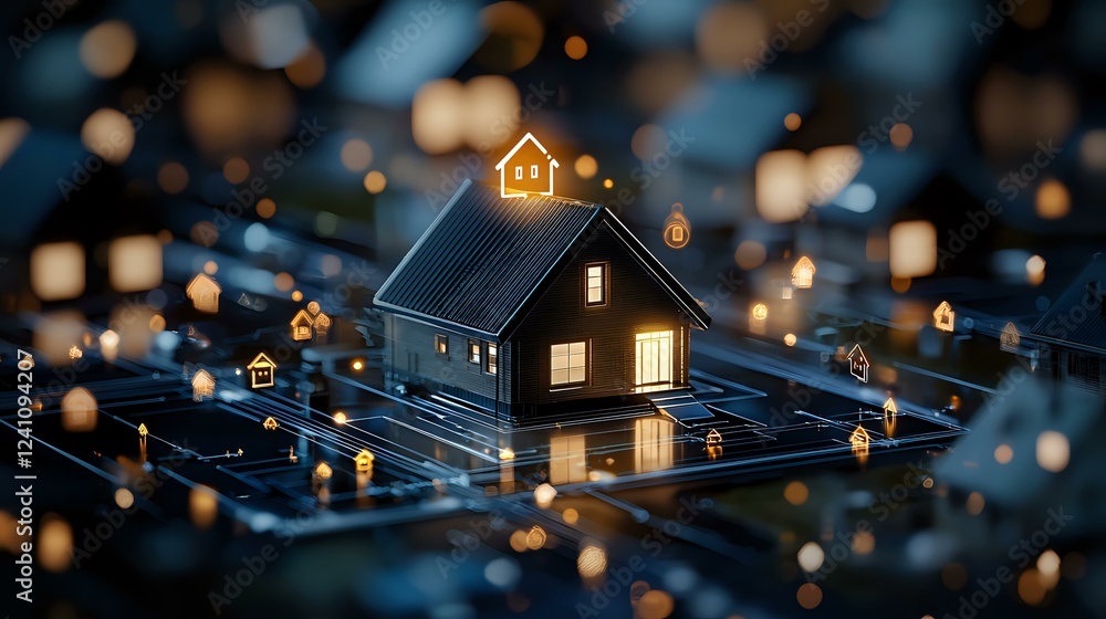Aufkleber glowing house icon on digital circuit board with connected network nodes and bokeh lights, represent