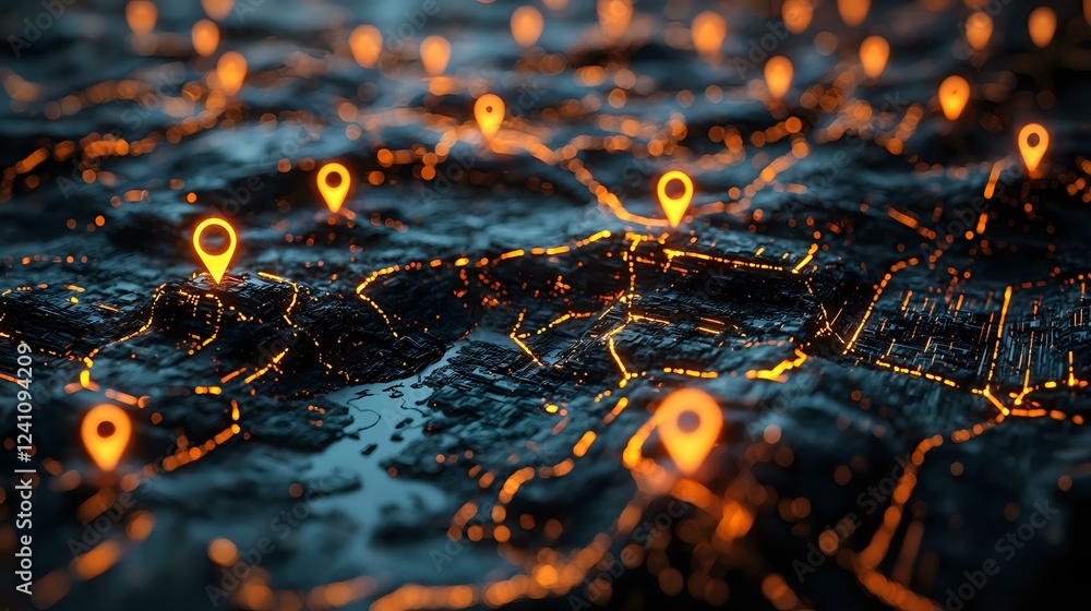 Poster glowing location pins on dark city map with illuminated streets and navigation points, modern techno