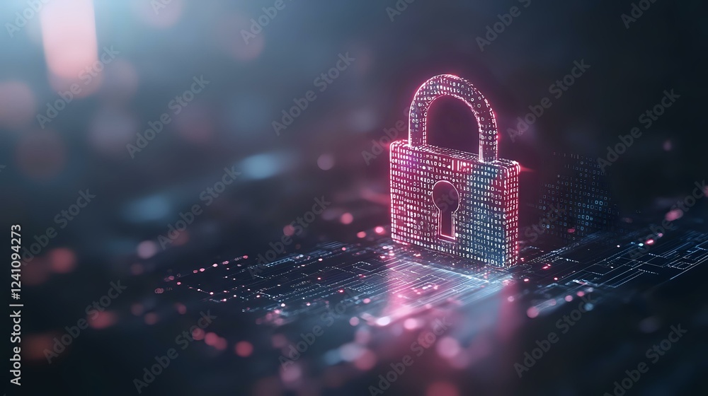 Poster glowing pink digital padlock on circuit board background with bokeh light effects, representing cybe