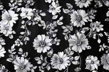 Monochromatic floral fabric texture. Elegant black and white flower pattern.