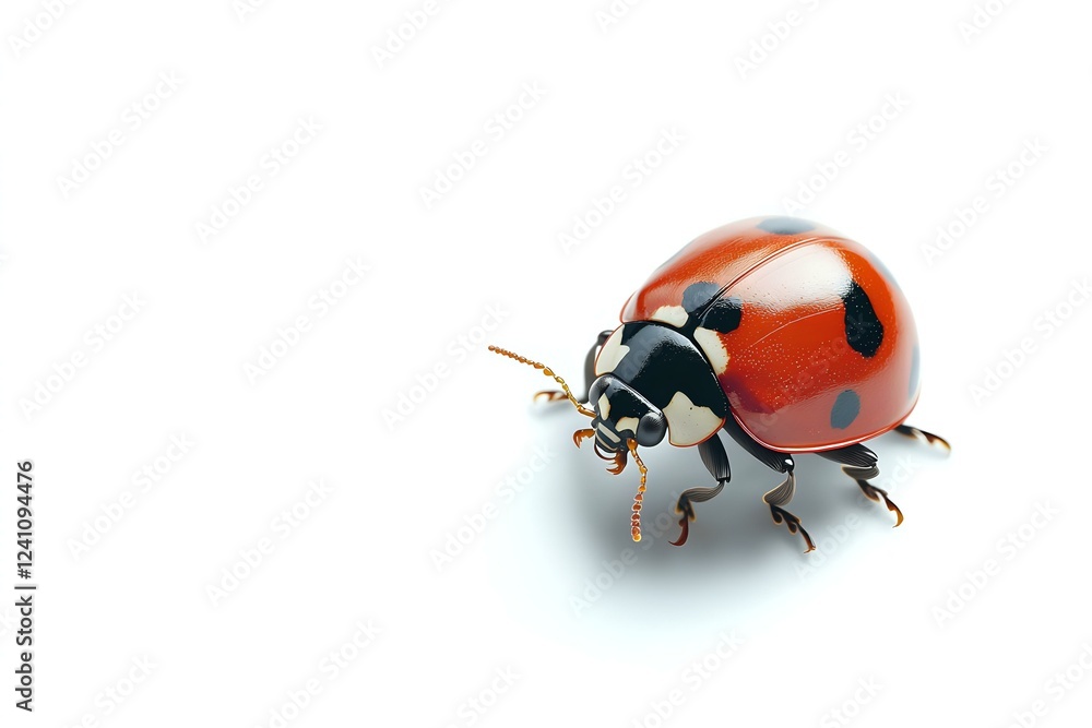 Poster red ladybug with black spots on white background, detailed macro view showing texture and natural pa