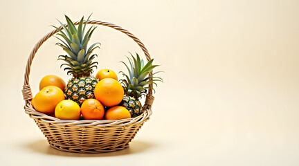 A wicker basket filled with vibrant oranges and freshly cut pineapples against a soft beige background creates a cheerful and inviting scene