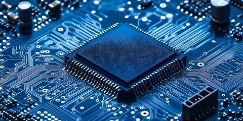 Microprocessor chip on blue circuit board with electronic components and pathways, macro photography showing intricate technological details and connections.