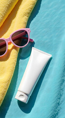 Bright summer essentials, featuring a pink pair of sunglasses, a white blank sunscreen tube, and a vibrant yellow towel on a turquoise background