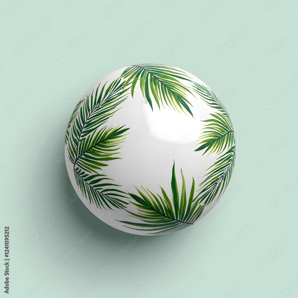 Poster a spherical object decorated with vibrant green palm leaf patterns set against a soft mint backgroun