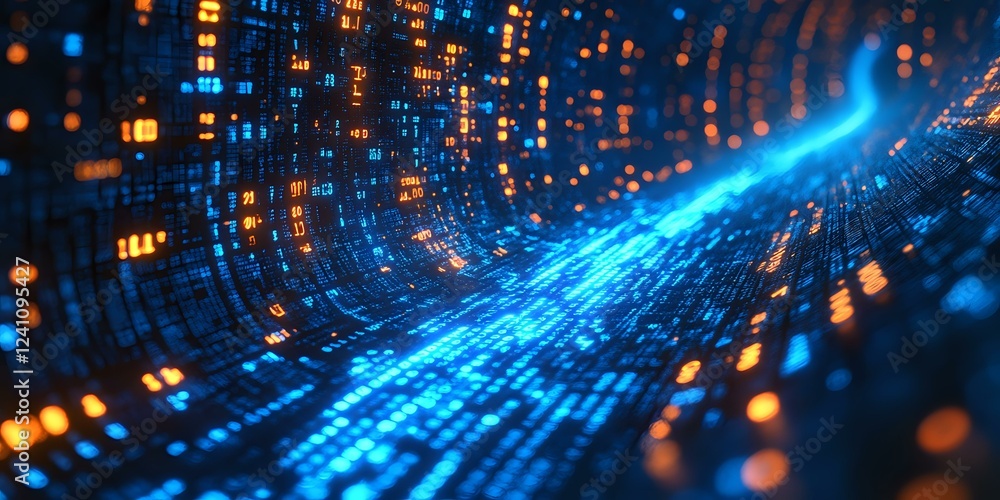 Poster digital technology concept with glowing blue data stream and orange particles flowing through cyber 