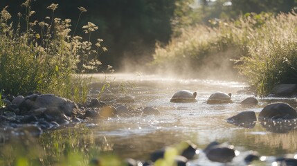 Obraz premium Turtles Basking by the Serene River in Soft Light