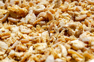 Close up of dry shrimp display on market